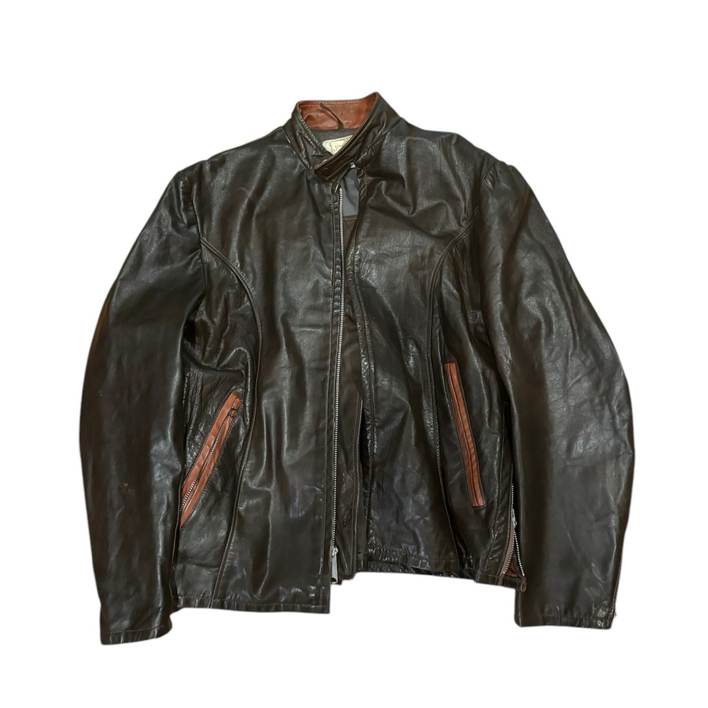 Vintage 70s brown genuine leather jacket with orange accents -Size L